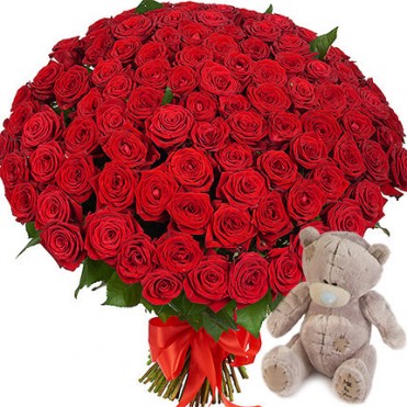 101 красная роза с мишкой Гран При 60 см