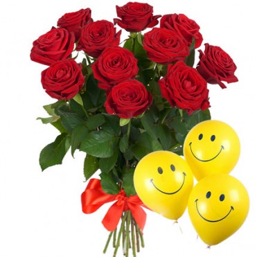11 красных роз с воздушными шарами 11 красных роз с воздушными шарами