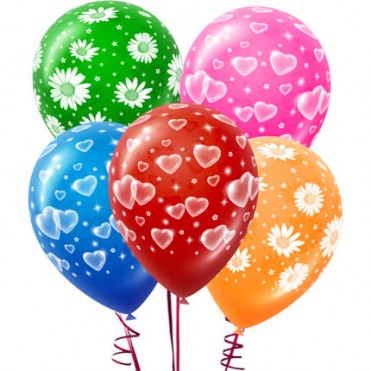 5 разноцветных шариков с романтичными принтами