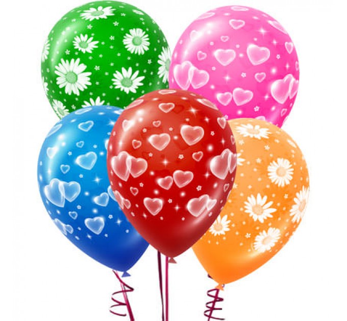 5 разноцветных шариков с романтичными принтами