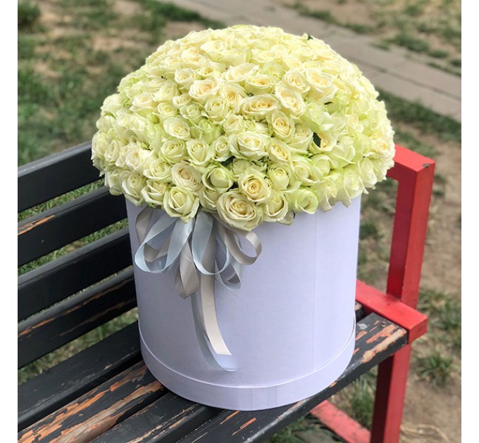 199 белых роз в шляпной коробке