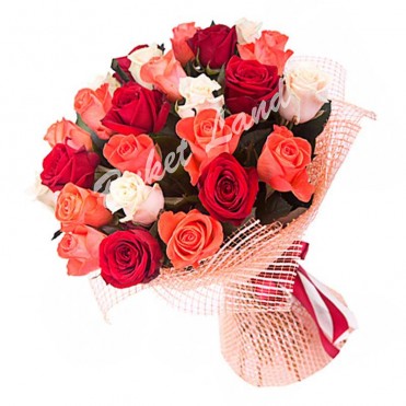 29 роз микс «красно-бело-оранжевая» 60 см