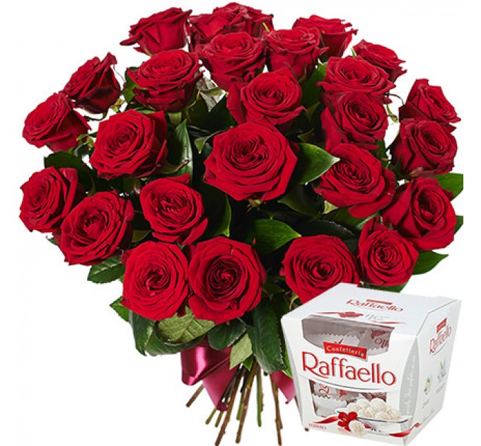 25 красных роз + Raffaello