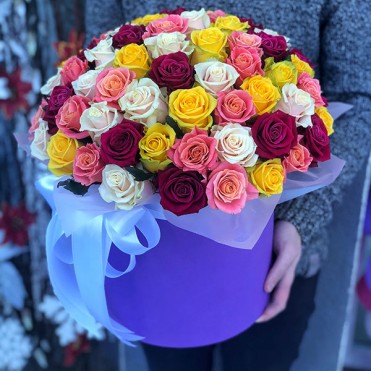 51 роза микс в шляпной коробке (4 цвета)